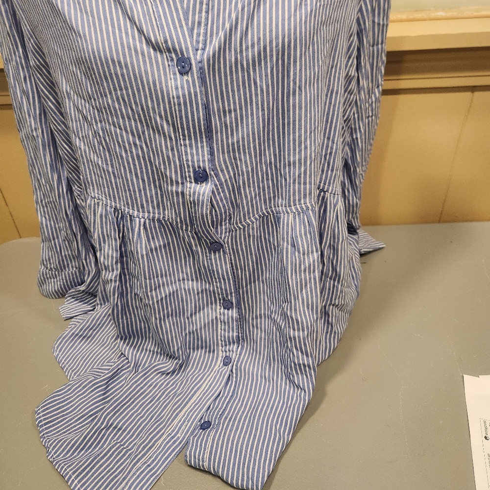 Solitaire Coastal Stripe Blouse 2X Blue White Boho Tunic Plus Size 2xl